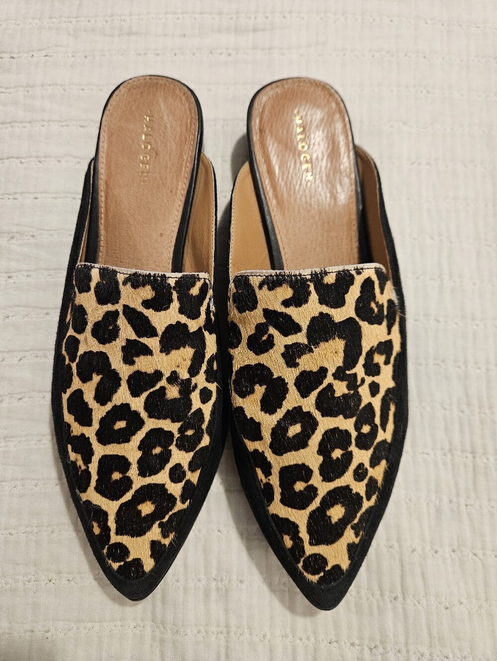 Halogen Corbin Leopard Black Suede/Calf Hair Leather Animal Print Mules sz 8.5